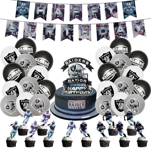 38 Pcs Raiders Party Supplies,Rugby Theme Party Supply Set Includes Happy Birthcday Banner,1 Cake Topper,12 Cupcake Toppers，24Balloons, (Regular)