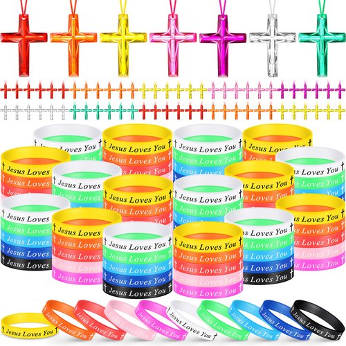 PerKoop 200 Pcs Christian Gifts Include Jesus Loves You Silicone Bracelets and Plastic Cross Necklace for Christian Party Favors