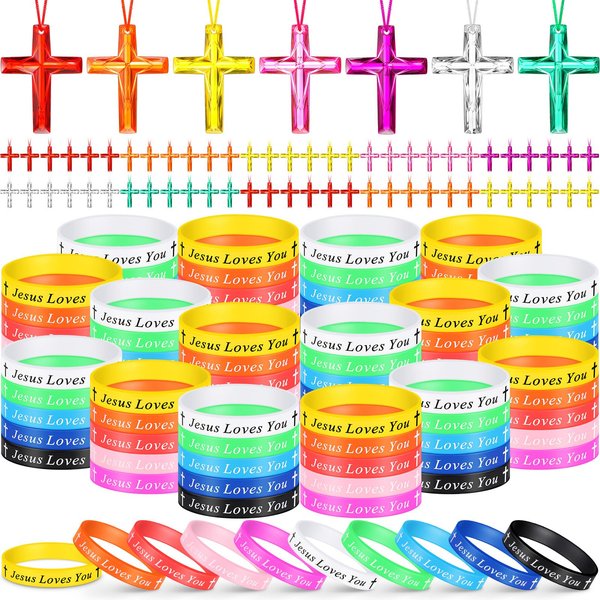 PerKoop 200 Pcs Christian Gifts Include Jesus Loves You Silicone Bracelets and Plastic Cross Necklace for Christian Party Favors