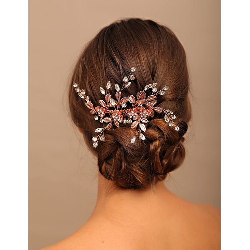 YERTTER Vintage Rhinestones Bride Wedding Hair Accessories for Brides Crystal Floral Leaves Bridal Hair Comb for Women and Girls (Rose gold)