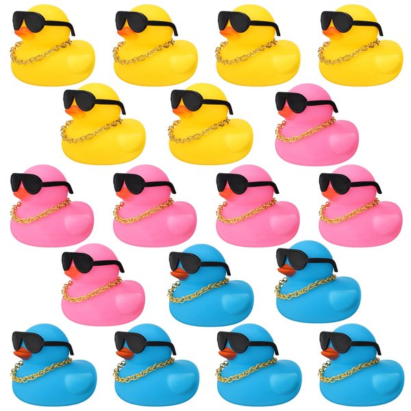 18 Pcs Mini Rubber Ducks Baby Shower Tiny Rubber Ducks Bulk with Sunglasses, Float Bath Toys Bathtub Duckies Mini Ducks for Shower Birthday Party Favors Carnival Gift (Yellow, Pink, Blue)