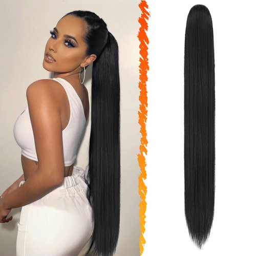 BARSDAR Black Ponytail Extension - 34 Inch Drawstring Long Straight Ponytail Hair Extensions Synthetic Fake Pony Tails Hairpieces Clip in Ponytail Extension for Women Girls Daily- Jet Black