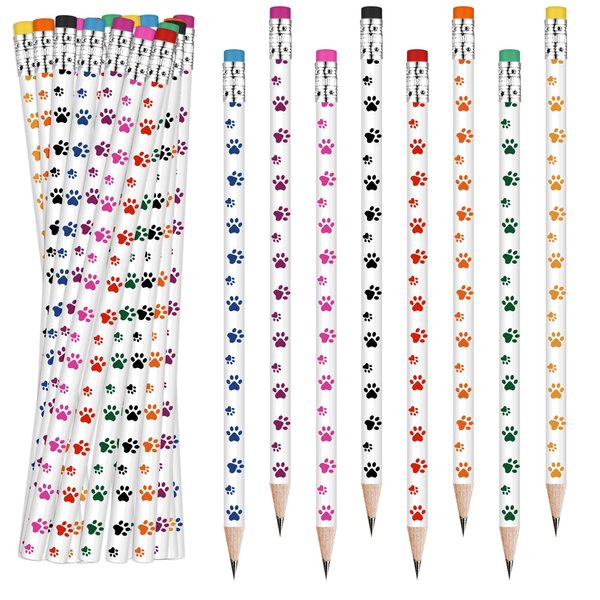 Weecent 48 Pcs Paw Print Pencil 8 Color Pencils Party Favors for Kids Wooden Writing Novelty Pencils with Erasers Dog Party Favors Fun School Supplies and Reward Prizes