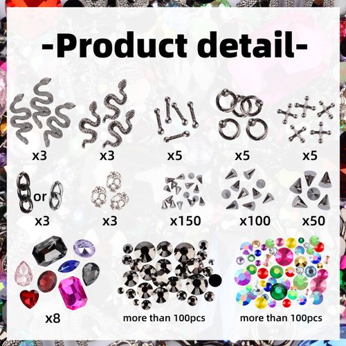 editTime 3D Metal Punk Nail Charms Jewels Kit, 300pcs Alloy Chrome Cone Rivet Spike Snake Skull Studs with 9pcs Big Glass Pointed Bottom Rhinestones and 200pcs Flatback Resin Rhinestones (gunblack)