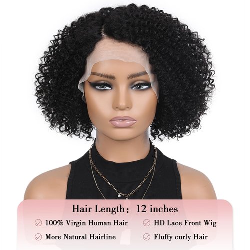 Fancy Hair Human Hair Lace Front Wigs Kinky Curly Wig Glueless Side Part Brazilian Virgin Human Hair Curly Bob Wigs with Baby Hair for Black Women (Natural Color,12 Inch)