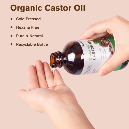 USDA Certified Organic Castor Oil Cold Pressed Unrefined 100% Pure in Glass Bottle - Natural Oil, Sore Muscle Massage Oil - Hexane Free for Skin, Hair Nail Eyebrows Growth - 8 Fl Oz