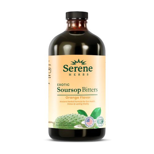 Serene Herbs Soursop Bitters Liquid with Soursop Leaves for Gut Cleanse, Detox & Immune Boost with Black Seed, Moringa, Irish Moss, Ashwaganda, Turmeric, 16 fl oz (16 Fl Oz, Orange)
