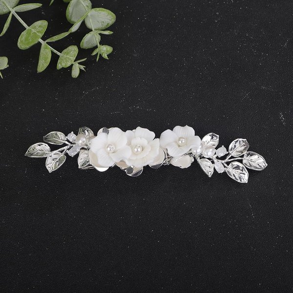 Teyglen Flower Bridal Hair Clips White Flower Wedding Hair Barrette Gold Silver Leaf Flower Headpiece Floral Hair Accessories for Women Girls Party Prom (Silver)