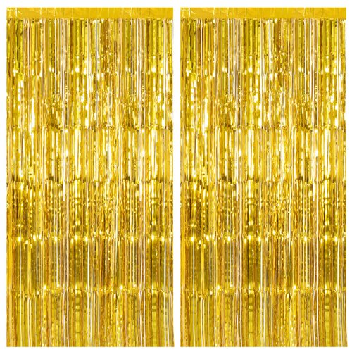 2 Pack Gold Backdrop Birthday Decorations Foil Curtain Backdrop Gold Streamers Dance Party Decorations Photo Booth Props for Bachelorette Decorations Christmas Halloween New Years Eve Party Supplies