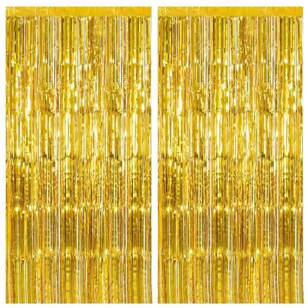 2 Pack Gold Backdrop Birthday Decorations Foil Curtain Backdrop Gold Streamers Dance Party Decorations Photo Booth Props for Bachelorette Decorations Christmas Halloween New Years Eve Party Supplies