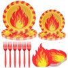 Newtay 125 Pcs Fire Party Supplies Include 50 9 and 7 Inches Paper Fire Plates 50 Disposable Flame Cocktail Napkins 25 Red Plastic Forks for Firefighter Fireman Party Tableware Supplies Decoration