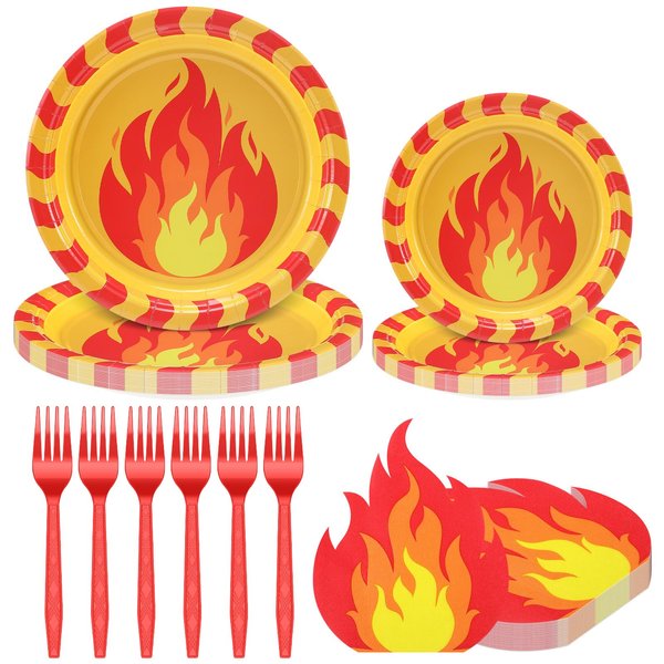 Newtay 125 Pcs Fire Party Supplies Include 50 9 and 7 Inches Paper Fire Plates 50 Disposable Flame Cocktail Napkins 25 Red Plastic Forks for Firefighter Fireman Party Tableware Supplies Decoration