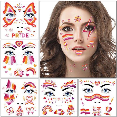 HOWAF 12pcs Girls Love Pride Glitter Face Tattoos, Gay Pride Temporary Tattoos for LGBTQ Parades Face Decor, Love Wins Face Painting Tattoos Stickers for Pride Month Parade Decor