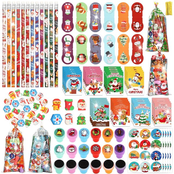 ZOIIWA 240Pcs Christmas Stationery Set Party Favors Bulk for Kids Gift Exchange School Includes Xmas Pencils Treat Bags Erasers Stickers Stamps Notebooks for Holiday Classroom Students Games Prizes