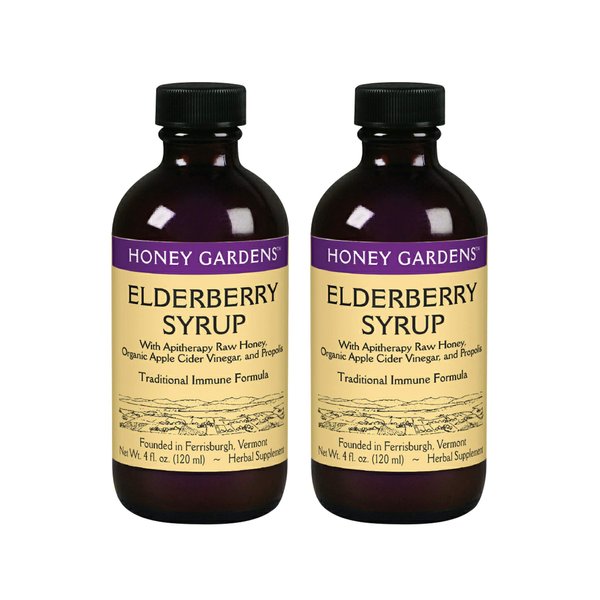 Honey Gardens Elderberry Syrup with Grade A Raw Honey, Propolis, Organic ACV & Elderberries | Traditional Immune Formula w/Echinacea | Made in The USA (4oz, 2pk)