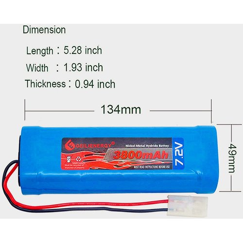 GEILIENERGY 7.2V RC Battery Pack(2 Pack) 3800mAh High Capacity 6-Cell NiMH Flat Battery Pack w/Standard Tamiya Connector