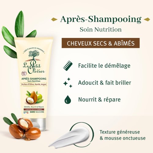 Le Petit Olivier Nutrition Hair Conditioner - Olive, Shea, Argan Oils - Detangles And Repairs - Enhances Softness And Elasticity Of The Hair - Suitable For Dry And Damaged Hair - 6.76 Oz