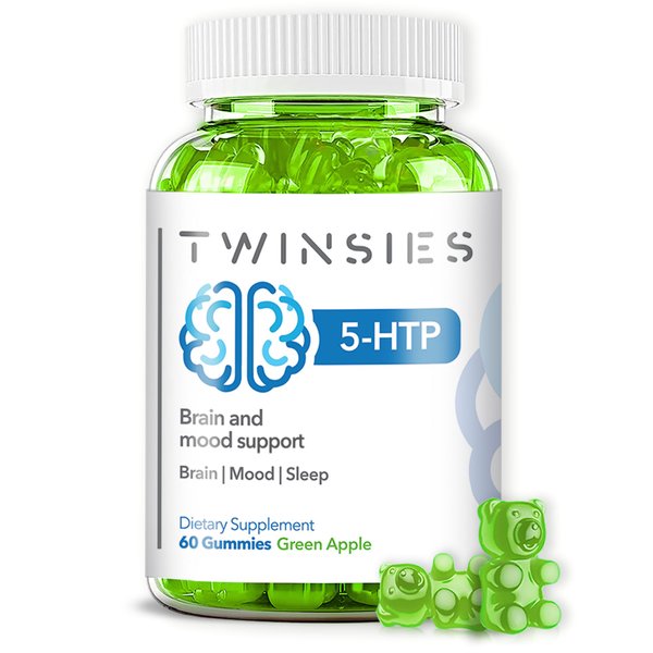 Twinsies 5-HTP Gummies 200mg with L-Tryptophan Supplement for Brain, Mood Stabilizer and Sleep Support, 60 Green Apple Gummies (Green Apple)