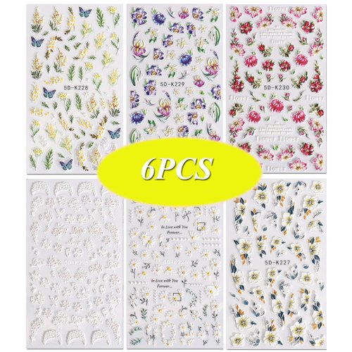Flower Nail Art Stickers Decals 5D Flower Nail Stickers Floral Daisy Acrylic Embossed Nail Decals 6PCS Daisy Butterfly Floral Leaf White Spring Design Self-Adhesive Nail Sliders for Manicure Decor