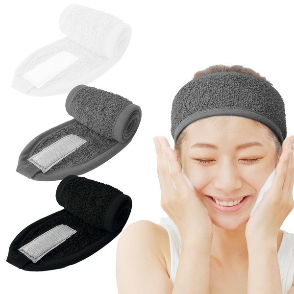 DAN RIVER Spa Headband Collection - 3-Pack Ultra Soft Adjustable Headband Terry Cloth Head Wraps for Face Washing, Shower, Facial Mask, Yoga, and Makeup (White, Black, and Grey)