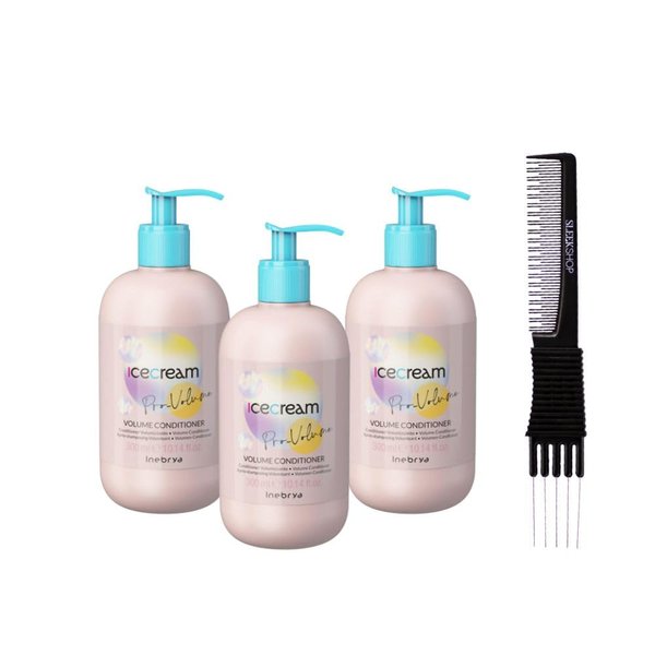 kuss Inebrya Ice Cream Pro-Volume Conditioner (10.14 oz) with Teasing Comb Pack of 3, Beige