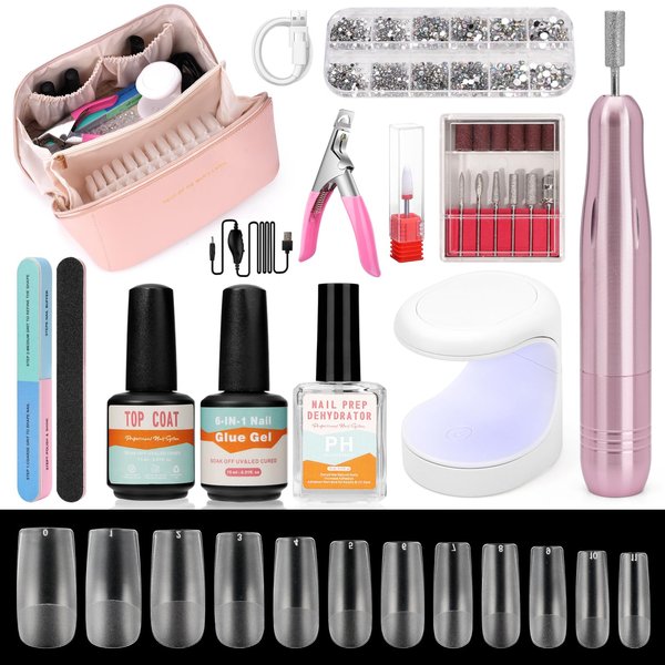 Wilfniee Gel X Nail Kit for Beginner, Gel Nail Tips and Glue Gel Kit with 6 in 1 Nail Glue, Nail Prep Dehydrator, Top Coat and 480PCS Coffin Nails Tips Fake Nails Kit Easy Nail Extension Set