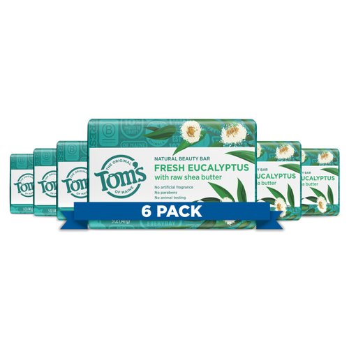 Tom's of Maine Natural Beauty Bar Soap With Raw Shea Butter, Fresh Eucalyptus, 5 oz. 6-Pack (Packaging May Vary)