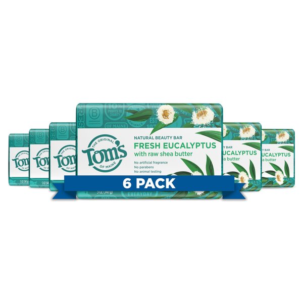 Tom's of Maine Natural Beauty Bar Soap With Raw Shea Butter, Fresh Eucalyptus, 5 oz. 6-Pack (Packaging May Vary)