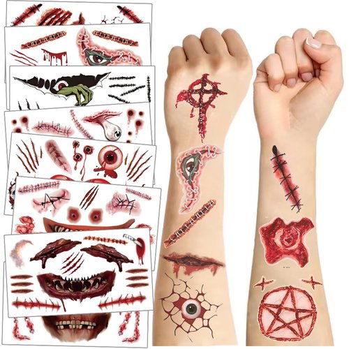 Gxizlba Halloween Horror Tattoo Stickers 10 Sheets Kids Teens Adults Zombie Scar Skin Decals for Women Men Transfer Temporary Tattoos Sticker for Halloween Party Favors Decoration