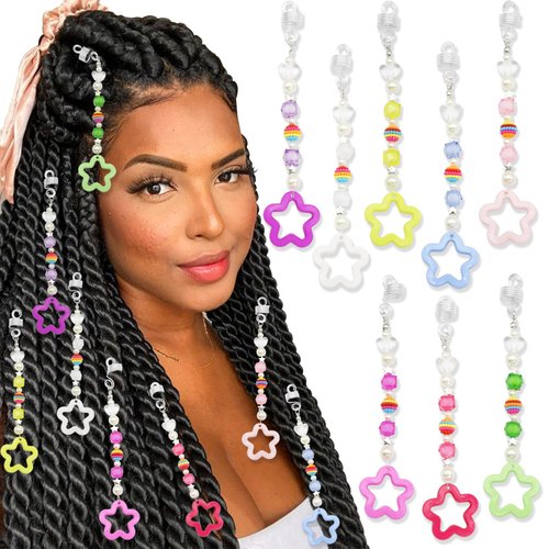 NAISKA 8PCS Star Hair Jewelry for Braid Colorful Beads Dreadlock Accessories Braid Charms White Pearl Pendant Spiral Spring Loc Braid Hair Jewelry Accessories for Women and Girls