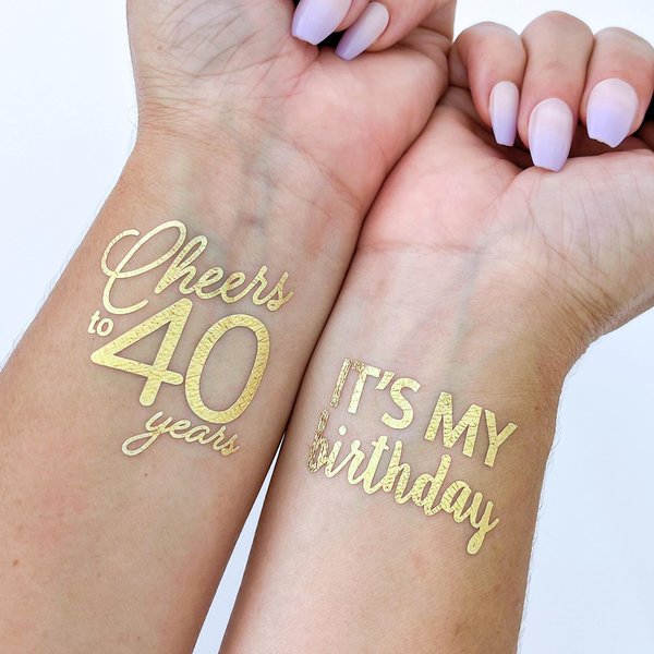 Tats4now / Cheers to 40 years shiny gold temporary tattoo party favors / 40th bday decorations/turning forty party