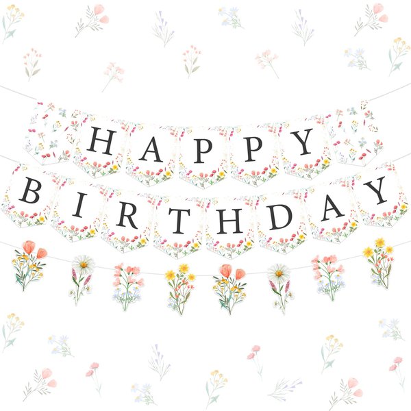 Fangleland Wildflower Happy Birthday Banner Garland Sign Party Decorations Set, Pre-strung No DIY Floral Flower Theme Birthday Banner Party Favors Pink Sign for Girls Women