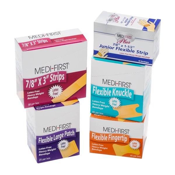 MFASCO Medifirst Bandage Assortment - Variety Pack of Adhesive Bandages, Including Knuckle and Small Bandages - Refill Pack for Workplace First Aid kits & Bandaging Supplies - Fabric Bandages - Ideal for refilling Industrial Kits