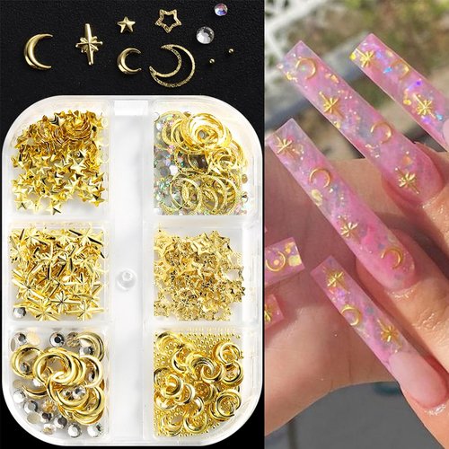 Moon Star Nail Charms Gold Nail Art Studs Metal 3D Rivets Charms with Glitter Nail Rhinestones Hollow Moon Studs Star Nail Jewelry Decoration Accessories for Women DIY Acrylic Nails Supplies-1 Box