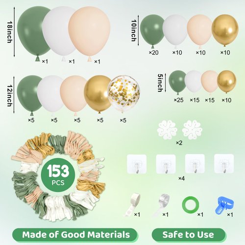 Amandir 153pcs Sage Green Balloon Garland Arch Kit, Different Sizes 18 12 10 5 inch Green Blush Gold Latex Metallic Confetti Gold Balloons for Birthday Baby Shower Wedding Safari Forest Decorations