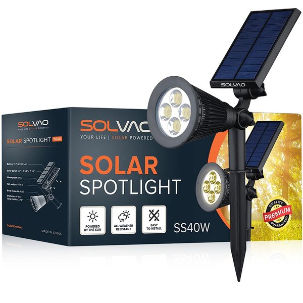 SOLVAO Solar Spotlight (Updated) - Ultra Bright, Waterproof, Outdoor LED Spot Light with Auto On/Off - Best Sun Powered, Rechargeable Uplight for Lighting Your Landscape, Yard & Garden (Warm White)
