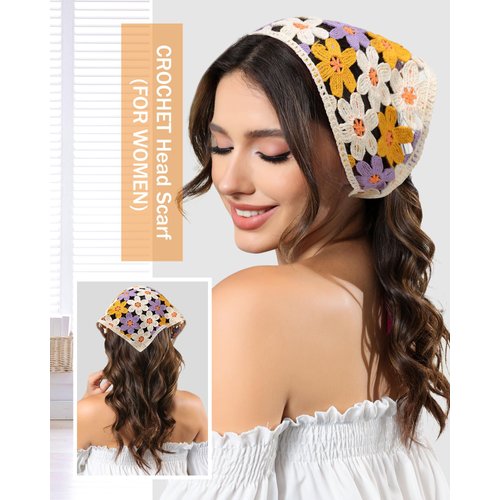 AWAYTR Crochet Head Scarf Hair Bandanas for Women Knit Bandana Headband Scarf Tie-Back Head Coverings Floral Headscarf for Girls (Yellow)