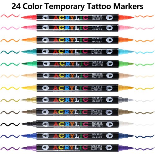 Jutqut Temporary Tattoo Markers for Skin, 24 Colors Body Marker Pen + 67 Tattoo Stencils for Kids and Adults, Nail Art Polish Pens, Dual-end Metal Tattoo Pens with Bold and Fine Tip