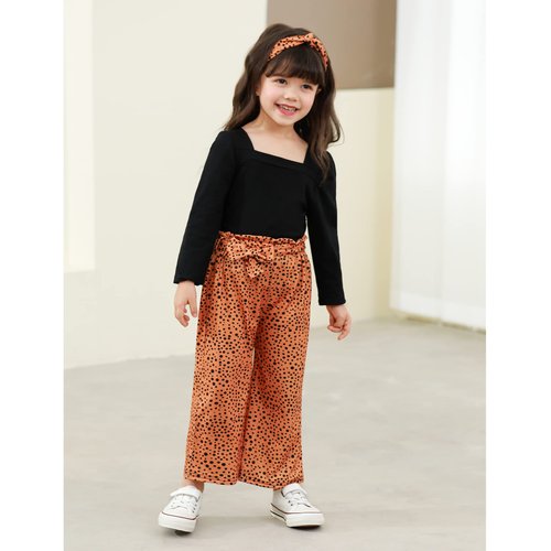 Ribabz Girl Clothes, 6-7T Toddler Clothes for Girls Square Neck Puff Long Sleeve Top + Striped Pants + Headband 3Pcs Girls Outfit Set