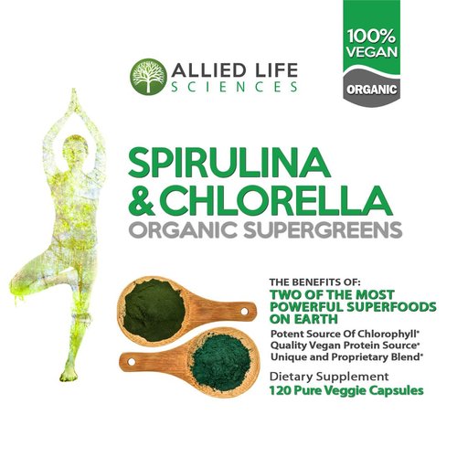 Allied Life Spirulina and Chlorella | Organic Chlorophyll Vegan Protein Powder Green Superfood Capsules | Natural Immune Support (3 Bottle Pack)