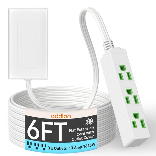 addlon Flat Plug Power Strip with Ultra-Thin Wall Plate, 6 FT Flat Extension Cord with 3 Standard 15A Outlets, Electrocution Protection, includes 20 Fixing Clips, ETL Listed