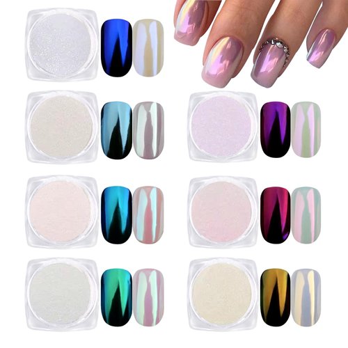 7 Colors Pearl Chrome Nail Powder Aurora Metallic Nail Powder Mermaid Iridescent Chrome Powder Blue Red Purple Pink Pearl Powder for Nails Women Girls Nail Art Glitter Decoration
