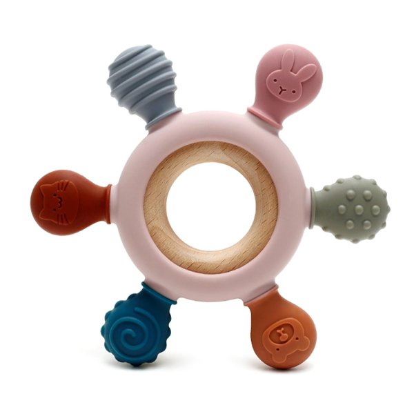 Pepicat Silicone Teething Toys, Natural Wooden Ring with Silicone Teething Cover, Teething Toys for Babies 0-6 Months, BPA Free, Infant Toys for Teething Relief, Baby Chew Toys, Wooden Baby Toy Gifts