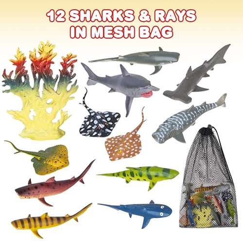 ArtCreativity Sharks & Rays in Mesh Bag, Pack of 12 Sea Creature Figurines in Assorted Designs, Bath Water Toys for Kids, Ocean Life Party Décor, Party Favors for Boys and Girls