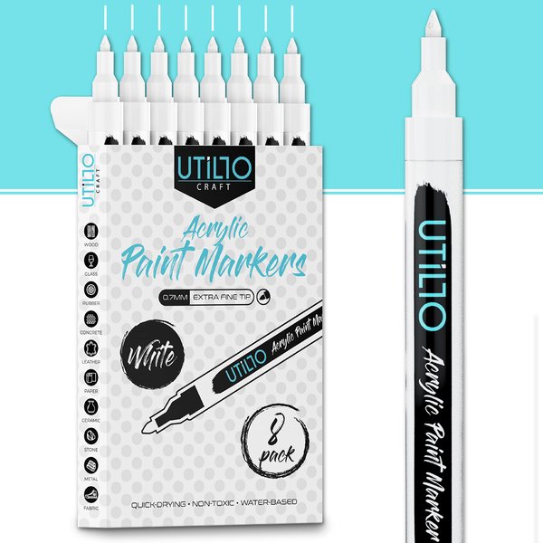White Paint Pen (8-Pack) 0.7mm Extra Fine Tip Made in Japan | Bold Color+100% Coverage | For Rock, Wood, Glass, Paper, Fabric, Canvas, Metal and More! | White Paint Pens | White Acrylic Paint Pens
