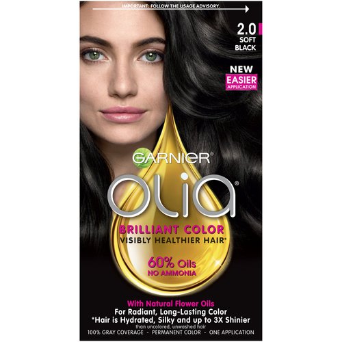 Garnier Olia Ammonia Free Permanent Hair Color, 100% Gray Coverage (Packaging May Vary), 2.0 Soft Black Hair Dye, Pack of 1