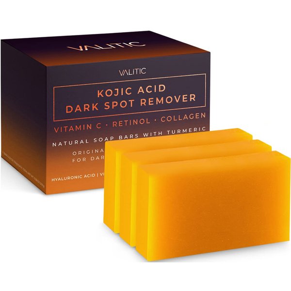 VALITIC Kojic Acid Dark Spot Remover Soap Bars with Vitamin C, Retinol, Collagen, Turmeric - Original Japanese Complex Infused with Hyaluronic Acid, Vitamin E, Shea Butter, Castile Olive Oil (3 Pack)