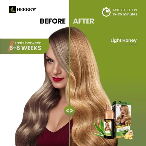 HERBBY Hair Color Shampoo for Gray Hair Coverage&Color Transform with 9 Herbal Extracts –Long Lasting (6-8 Weeks), Shiny,Evenly Colored,Instant Hair Dye Shampoo&Conditioner, 500 Ml (LIGHT HONEY COLOR)