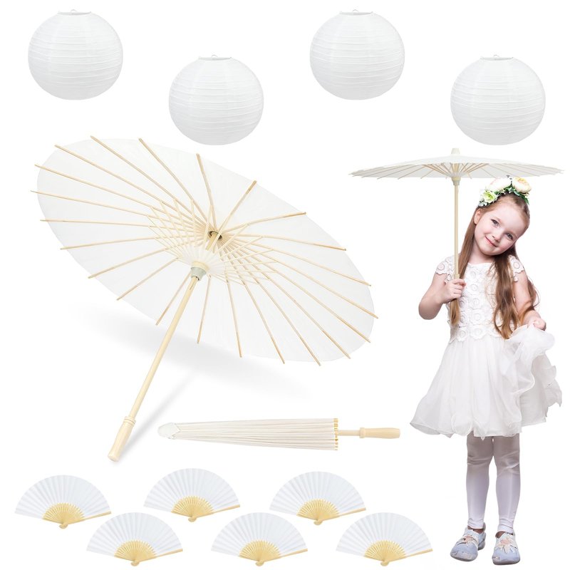 23.6" White Paper Umbrellas with 8 Inch Foldable Handheld Fans 12 Inch Paper Lanterns, Oiled Chin...