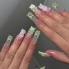 BABALAL Long Press on Nails Square Fake Nails 3D Flower Charm Design Green French Glue ons Nails Bow Heart Jeweled Acrylic Nails 24Pcs Squoval Handmade Manicure Full Cover False Nails